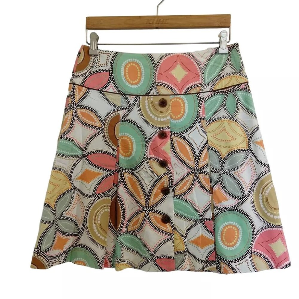 Pleated A-Line Skirt Mod Psychedelic Geo Print 8 Chunky Buttons